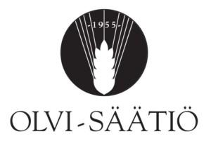 Olvi-säätiön mustavalkoinen logo. Ympyränmuotoisessa kuvassa on tähkän muotoinen kuvio ja vuosiluku 1955. Alapuolella lukee isoin kirjaimin ”OLVI-SÄÄTIÖ”.