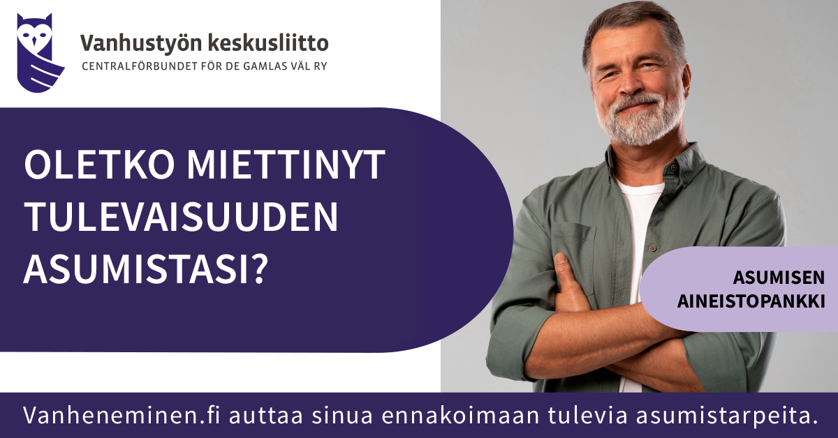 Oletko miettinyt tulevaisuuden asumistasi? Vanheneminen.fi auttaa sinua ennakoimaan tulevia asumistarpeitasi.