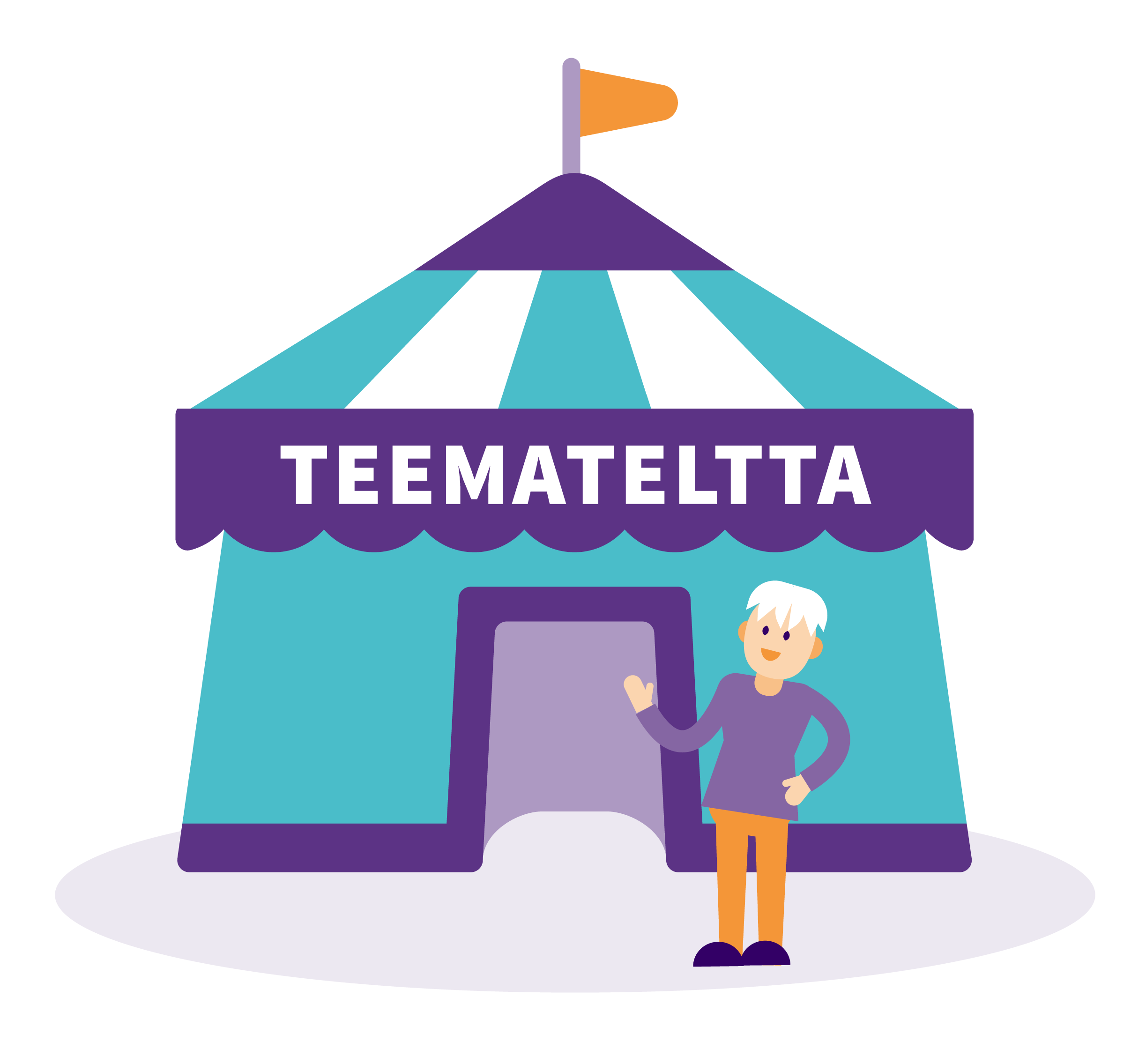 Kuvitus turkoosista ja violetista teltasta, jonka kyltissä lukee ”Teemateltta”. Teltan edessä seisoo hymyilevä, valkohiuksinen henkilö.