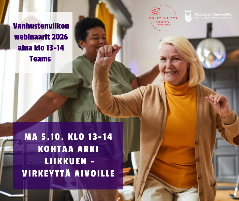 Vanhustenviikon webinaarin mainos. Kuvassa kaksi naista liikkuu iloisesti yhdessä. Webinaari ”Kohtaa arki liikkuen – virkeyttä aivoille” järjestetään Teamsissa maanantaina 5.10. klo 13–14.