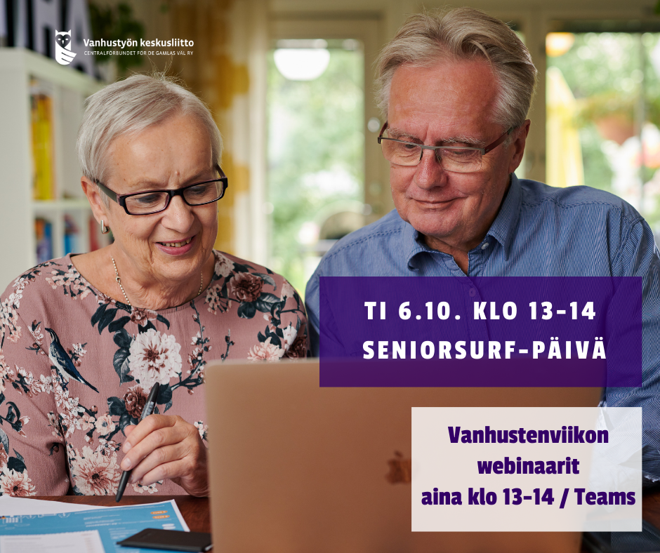 SeniorSurf-päivän webinaarin mainos. Kuvassa iäkäs nainen ja mies käyttävät yhdessä kannettavaa tietokonetta. Webinaari järjestetään Teamsissa tiistaina 6.10. klo 13–14.